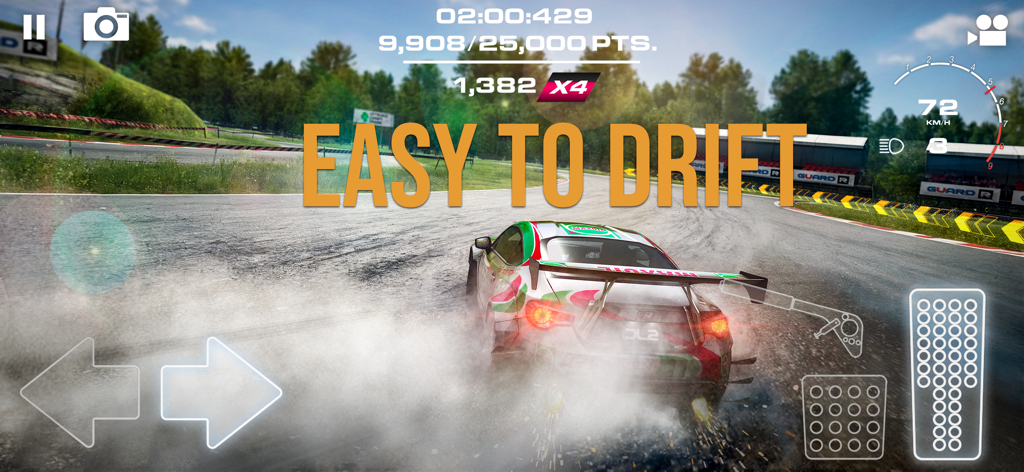 Drift Legends 2: Drifting Game - Ein Sportwagen, der mit Rauch und Spiel-UI auf einer professionellen Rennstrecke einen Drift ausführt