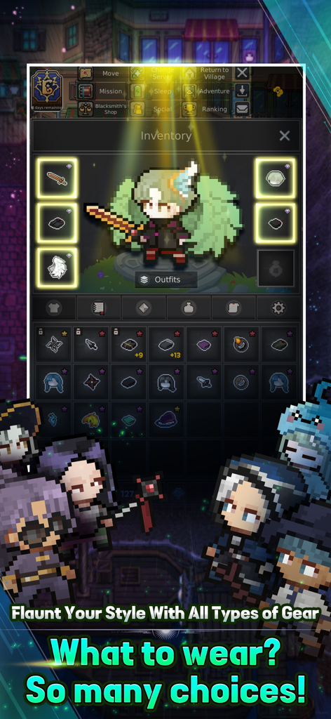 Pixel art inventory and gear customization screen in Elemental 2D MMORPG