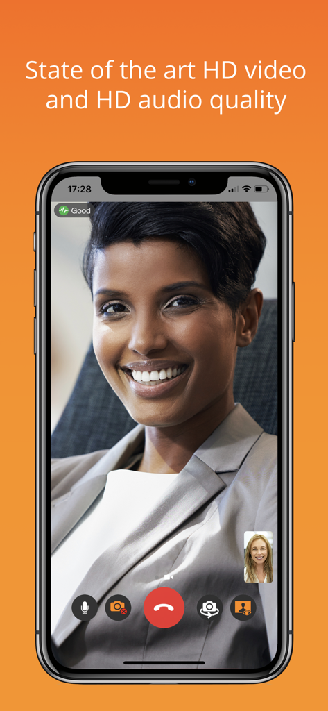 Bria Mobile app displaying a high-definition video call on an iPhone