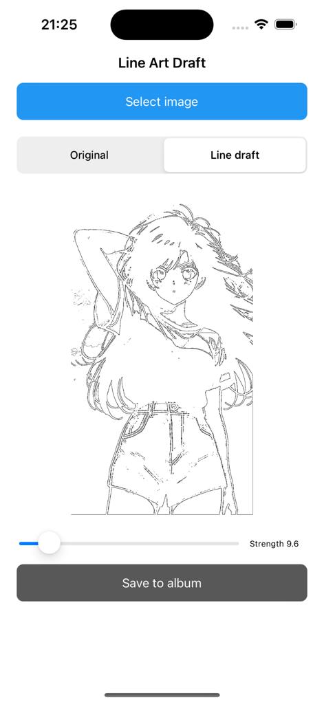 Line Art Draft - Line from Pic - Die Benutzeroberfläche der App Line Art Draft zeigt ein Anime-Mädchen, das in eine saubere Linienzeichnung mit einem Stärkeregler umgewandelt wurde.