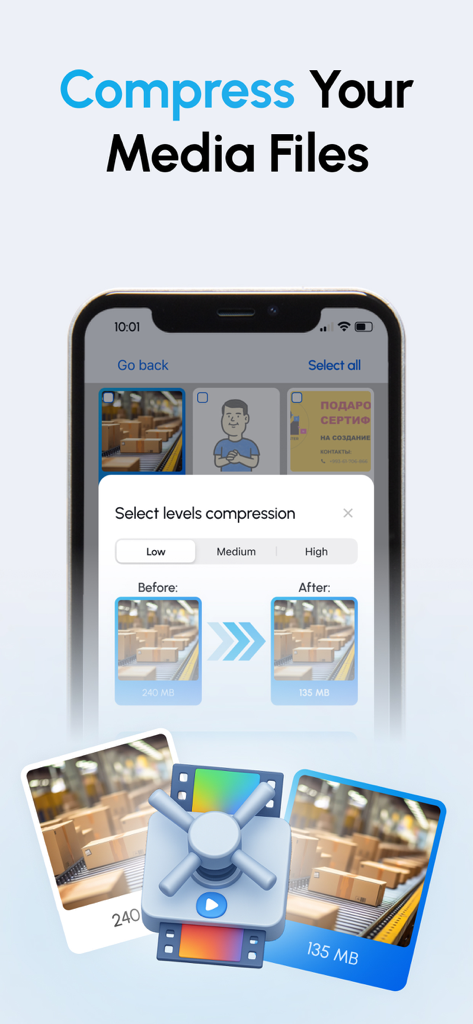 Space Cleaner: Clean & Swipe - A smartphone screen displaying the video compression feature of the Space Cleaner app with before and after file sizes.