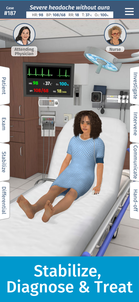 Full Code Medical Simulation - A virtual medical simulation interface showing a patient in a hospital bed with vital signs and diagnostic options