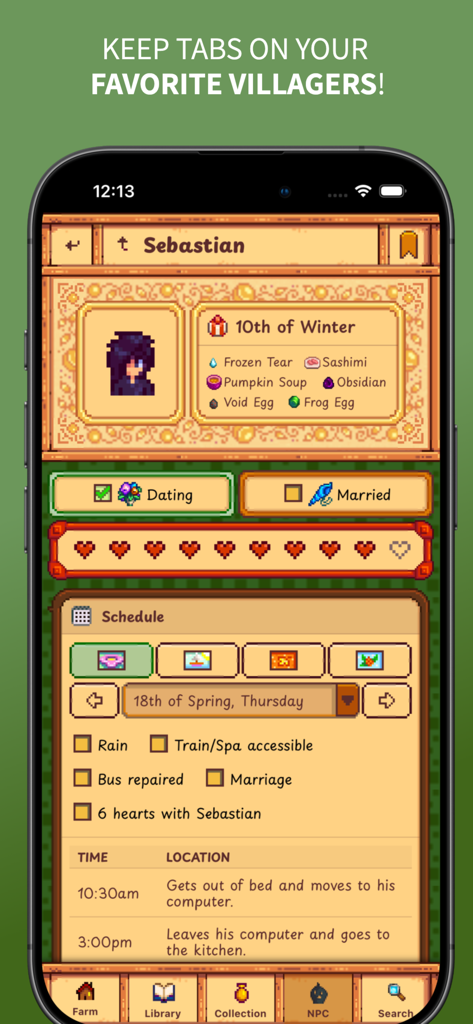 Gunther's Library for Stardew - Gunther's Libraryアプリで、プレゼントの好みと日々のスケジュールを示すSebastiaの村人プロフィール