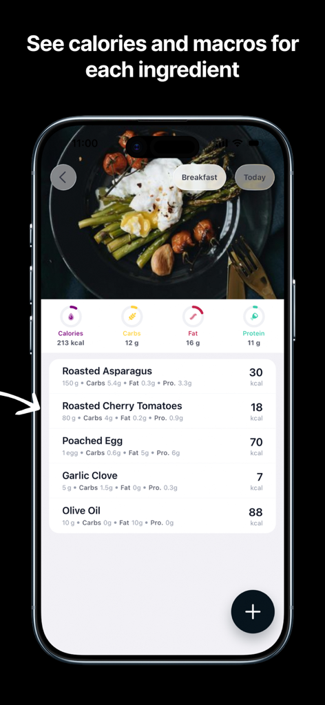 Calorie Tracker - CalorieCam - Screenshot dell'app CalorieCam che mostra una ripartizione dettagliata delle calorie e delle macro per ogni ingrediente del pasto.