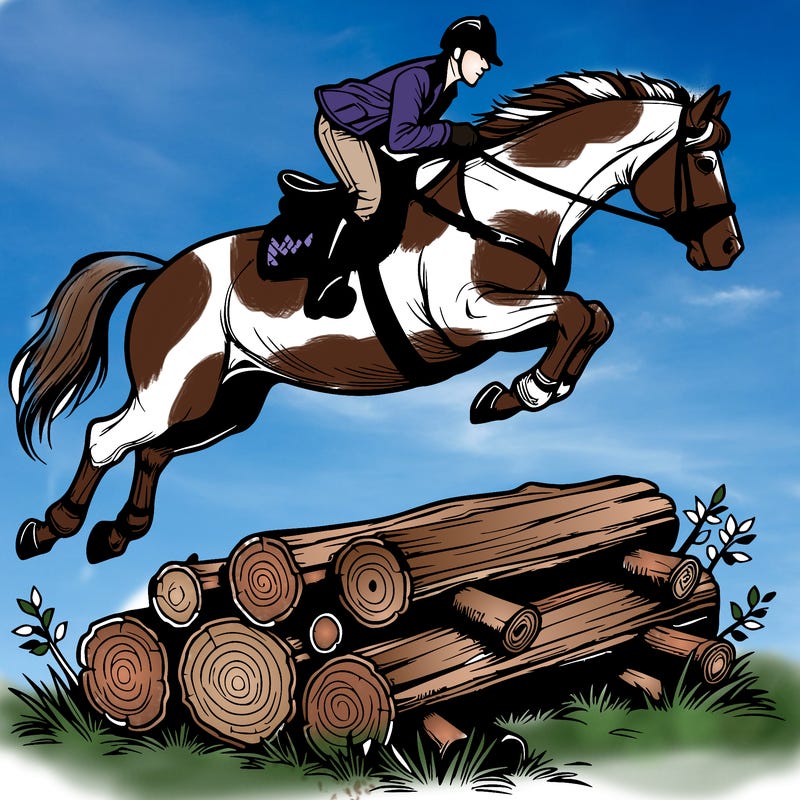 realistic horse jumping over log with rider