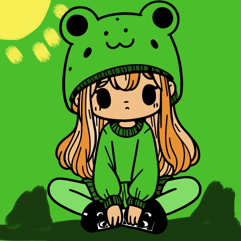 a girl wearing a frog hat and some frog socks