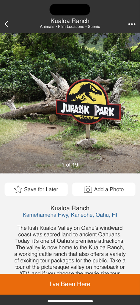 Oahu Offline Island Guide - Oahu Offline Island Guide app interface showing a photo of the Jurassic Park sign and visitor information for Kualoa Ranch.