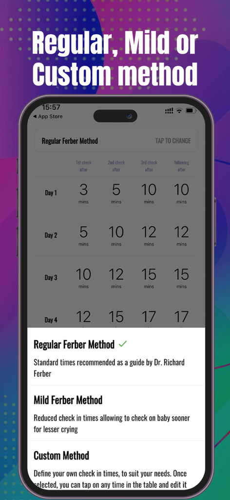 Sleep trainer - Ferber method - A smartphone screen displaying regular and mild sleep training method options with a table showing scheduled check-in times for infants.