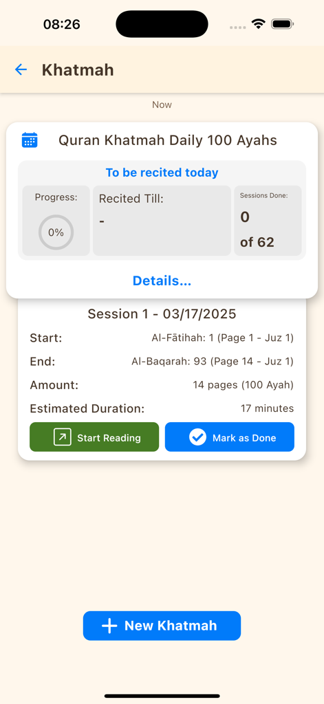 Mushaf - The Khatmah feature in the Mushaf app for tracking daily Quran reading progress and goals.