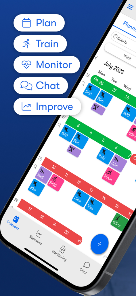 Nolio mobile app interface showing a training calendar for endurance athletes with scheduled sports activities.