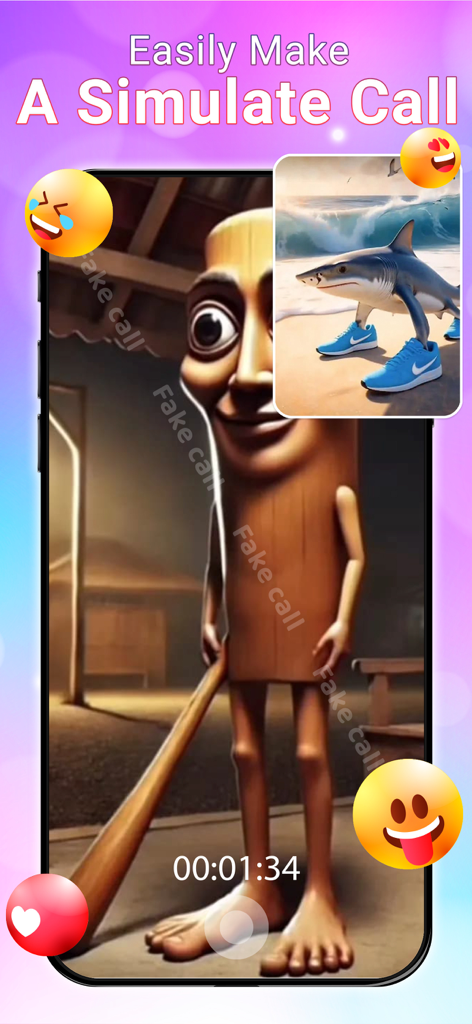 Idol Prank Call - Chat & Video - A screenshot of a prank call app showing a simulated video chat with a funny wooden character and a shark wearing sneakers