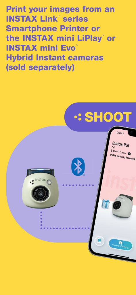 INSTAX Pal - INSTAX Pal digital camera connected via Bluetooth to a smartphone for remote shooting
