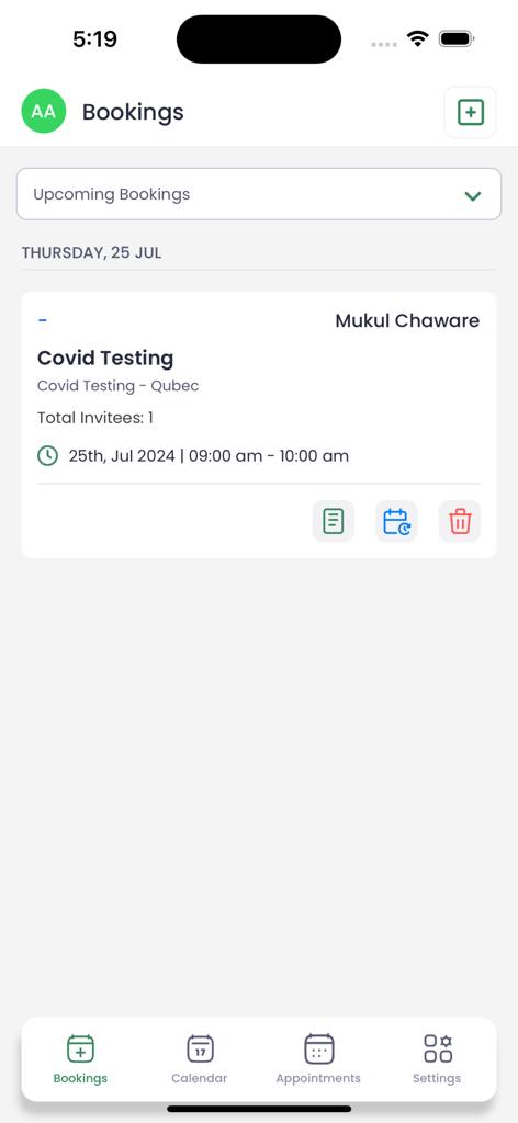Appointment Booking - Appointo - Appointo mobile app interface showing a list of upcoming appointments with options to edit or delete bookings