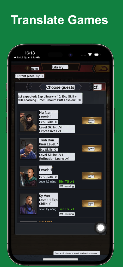 EZ Screen Translator - Uma interface de jogo mobile sendo traduzida de vietnamita para inglês usando o EZ Screen Translator