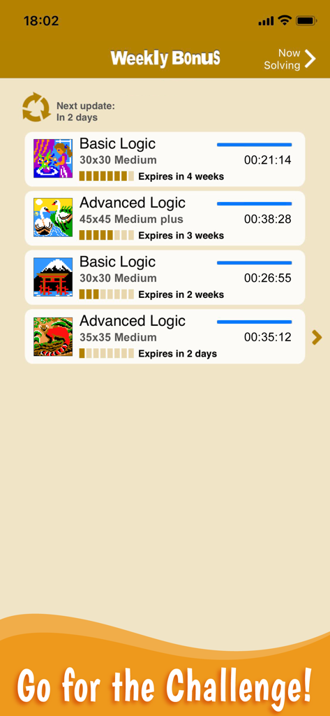 Sym-a-Pix: Nonogram Symmetry - Weekly bonus puzzle list in the Sym-a-Pix app showing basic and advanced logic challenges with pixel art previews.