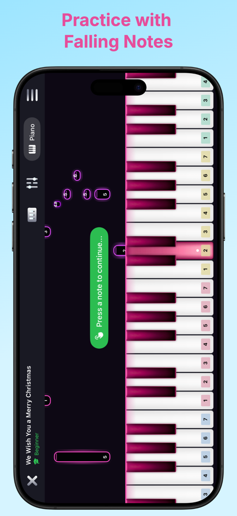 Hi Piano - Digital piano interface in Hi Piano app showing falling notes for beginner practice mode