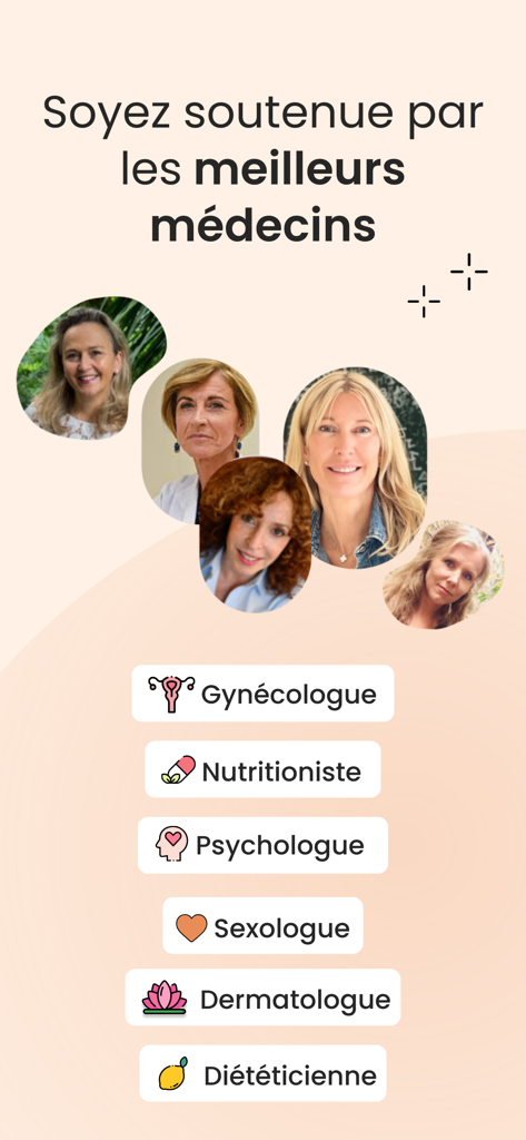 Omena app screen showing a team of female medical specialists including gynecologists and nutritionists for menopause support