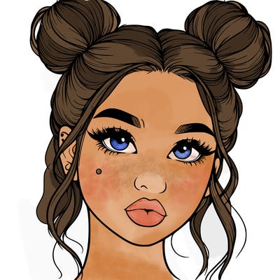 realistic girl with two buns on her hair and lips