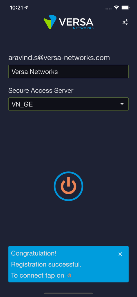 Versa SASE Client interface showing successful registration and a connection power button.