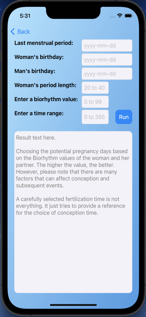 Pantalla de la herramienta de planificación de embarazos de la aplicación Bio-PC que utiliza biorritmos y ciclos menstruales.