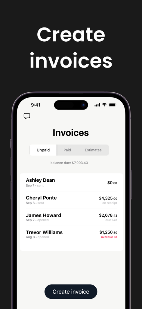 Tofu: Accounting & Bookkeeping - Mobile app interface showing a list of unpaid invoices and a create invoice button for freelancers.