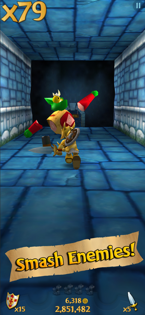 One Epic Knight gameplay showing the golden knight character smashing through a green monster in a dungeon