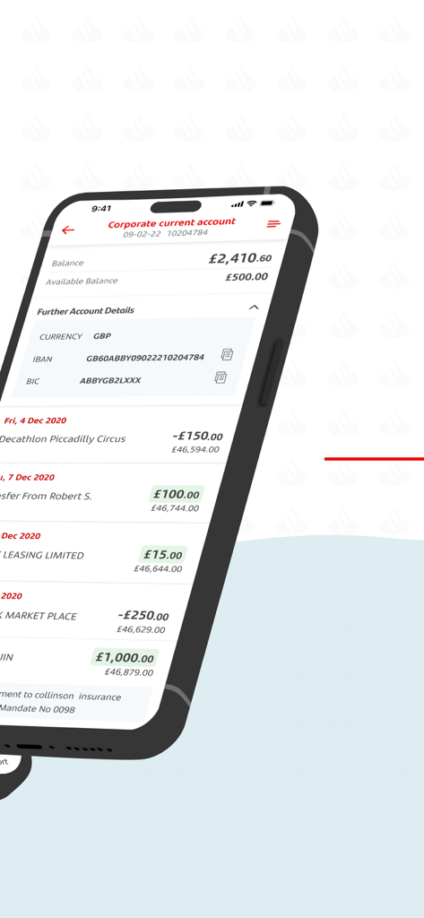 Santander Connect UK - Pantalla móvil de Santander Connect UK que muestra el saldo de la cuenta corriente corporativa y la lista de transacciones.