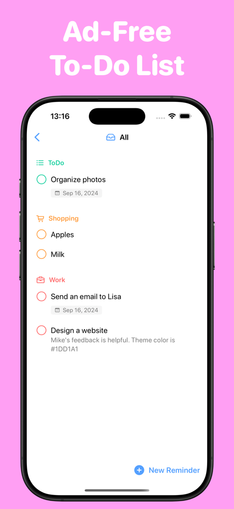 IPhone screen showing an ad-free to-do list with shopping and work categories