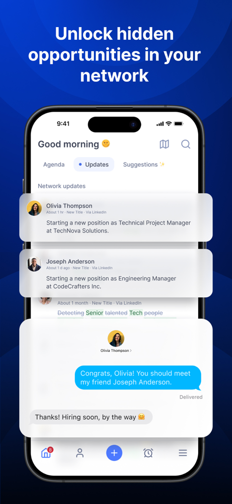 Dex - Rolodex and Personal CRM - Interfaz de la aplicación Dex mostrando actualizaciones de carrera de la red profesional y un chat para hacer presentaciones