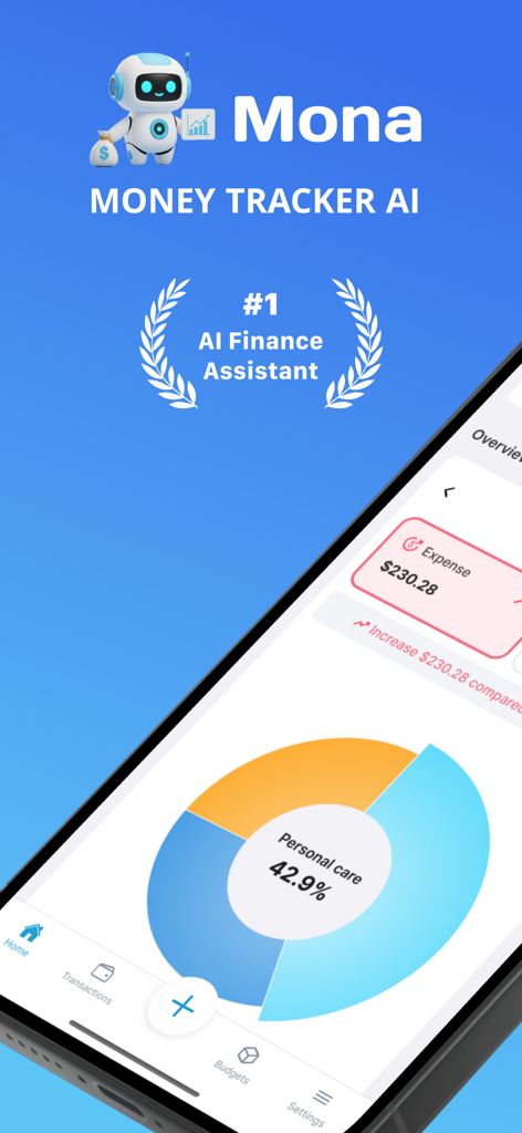 Money Tracker - Mona AI - Mona AI Money Tracker app dashboard showing expense tracking and a category pie chart on an iPhone.