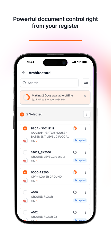 Commnia - Pantalla de smartphone de la aplicación Commnia que muestra un registro de documentos de arquitectura con capacidad de acceso sin conexión