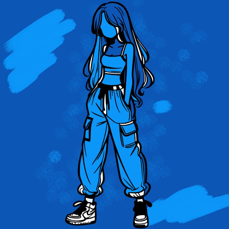 girl in baggy pants crop top and long hair