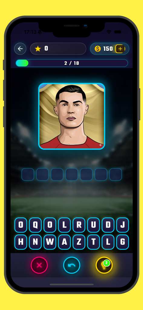 Football Quiz! Ultimate Trivia - Jogabilidade do Quiz de Futebol Trivia Definitiva mostrando um nível onde você adivinha o nome de um jogador a partir de uma ilustração