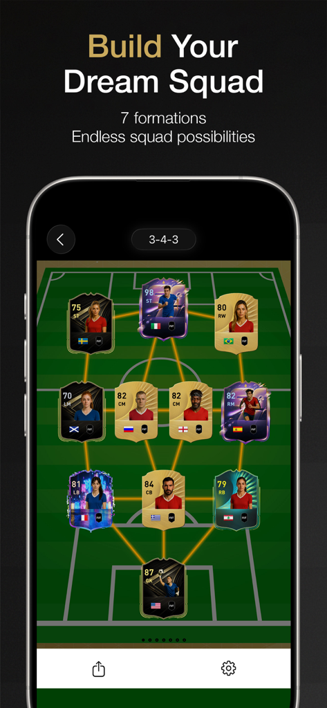 FUT Squad Builder FC 26 - FUT Squad Builder mobile app displaying a custom soccer team lineup in a 3-4-3 formation
