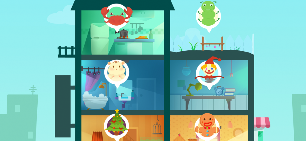 Cross section of a colorful cartoon house showing different rooms and interactive characters in a kids game.