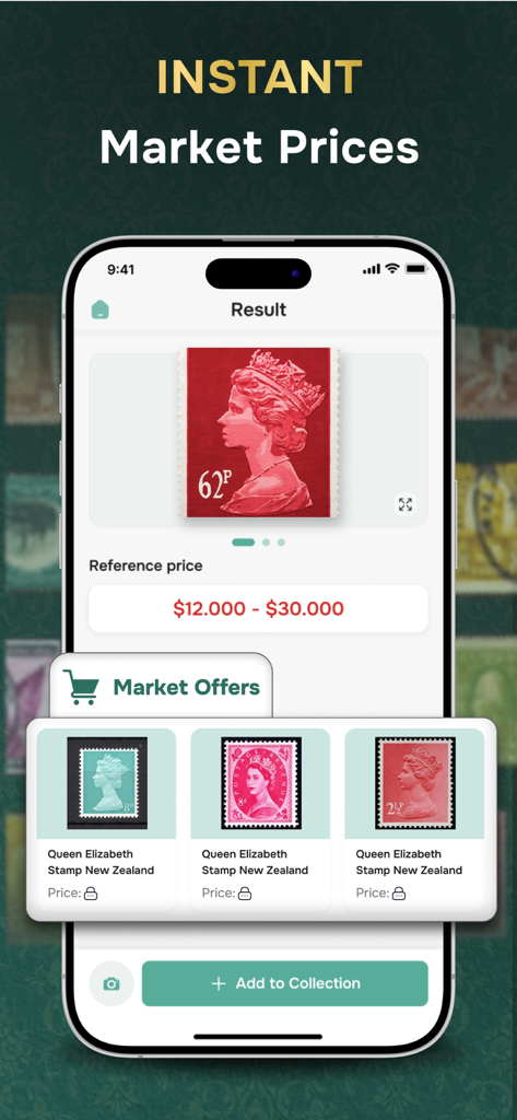 Stamp Value Stamp Identifier - L'interface de l'application Stamp Value montrant les résultats des prix du marché pour un timbre-poste rare.