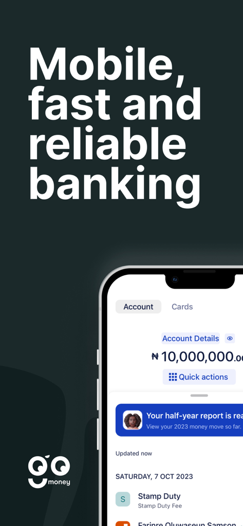 gomoney — The Digital Bank - Smartphone screen showing the gomoney digital banking app dashboard with account balance and transaction history