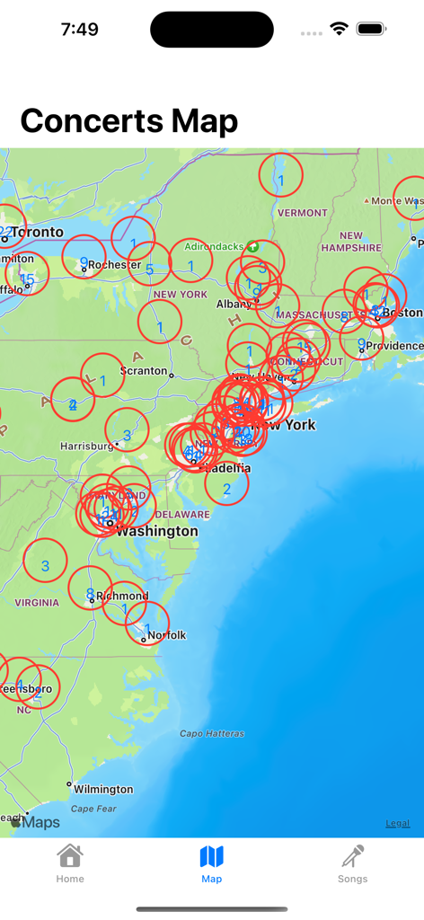 A map showing locations of Bruce Springsteen concerts across the Northeast United States