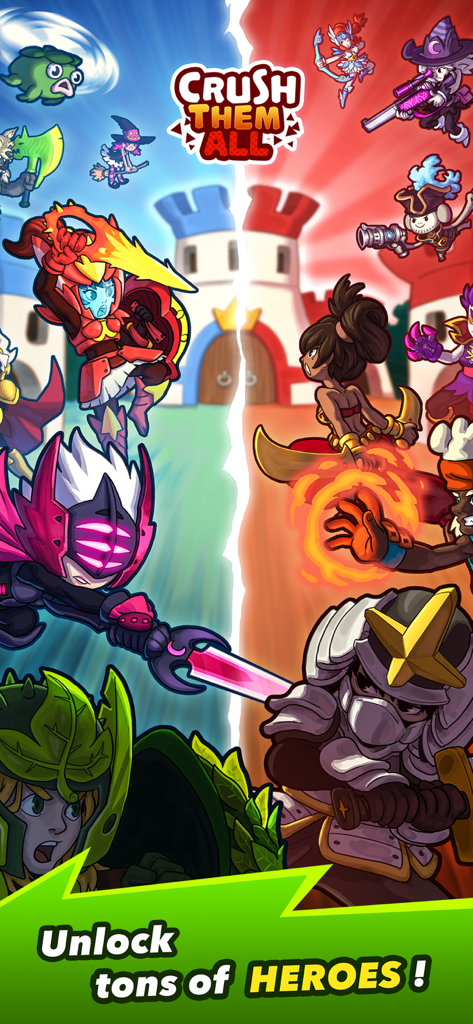 Lebhaftes Artwork mit verschiedenen Fantasy-Helden und Charakteren aus Crush Them All Idle RPG mit dem Text 'Schalte unzählige Helden frei'