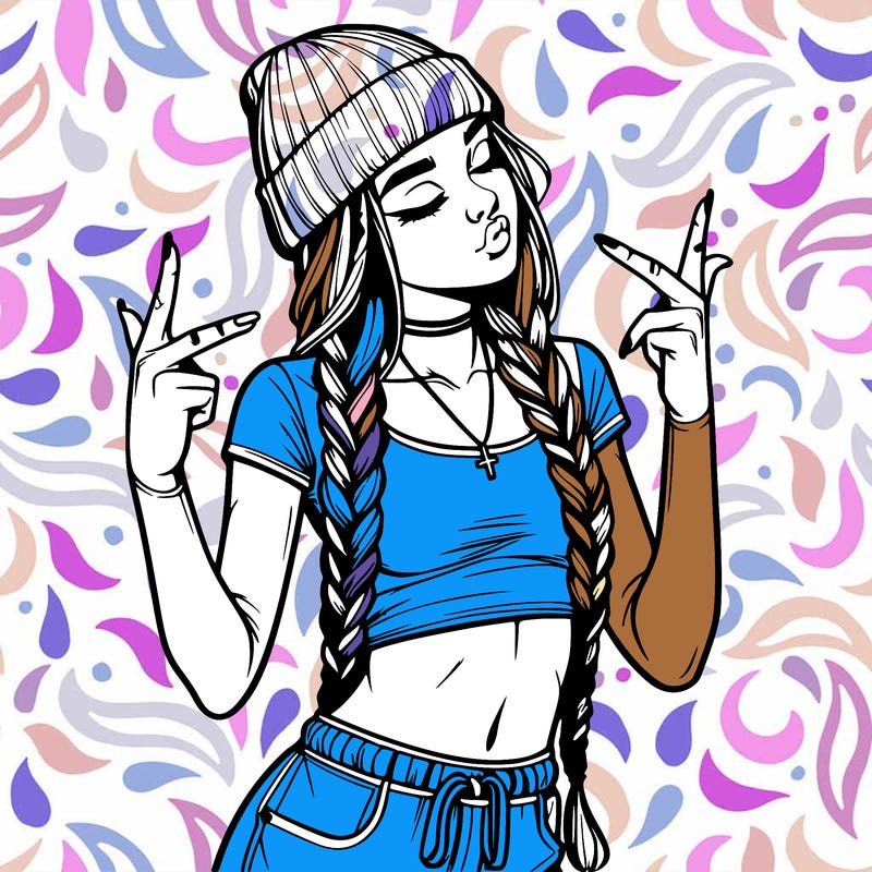 realistic teenage girl with braids and a beanie and crop top doing 🫶🏼