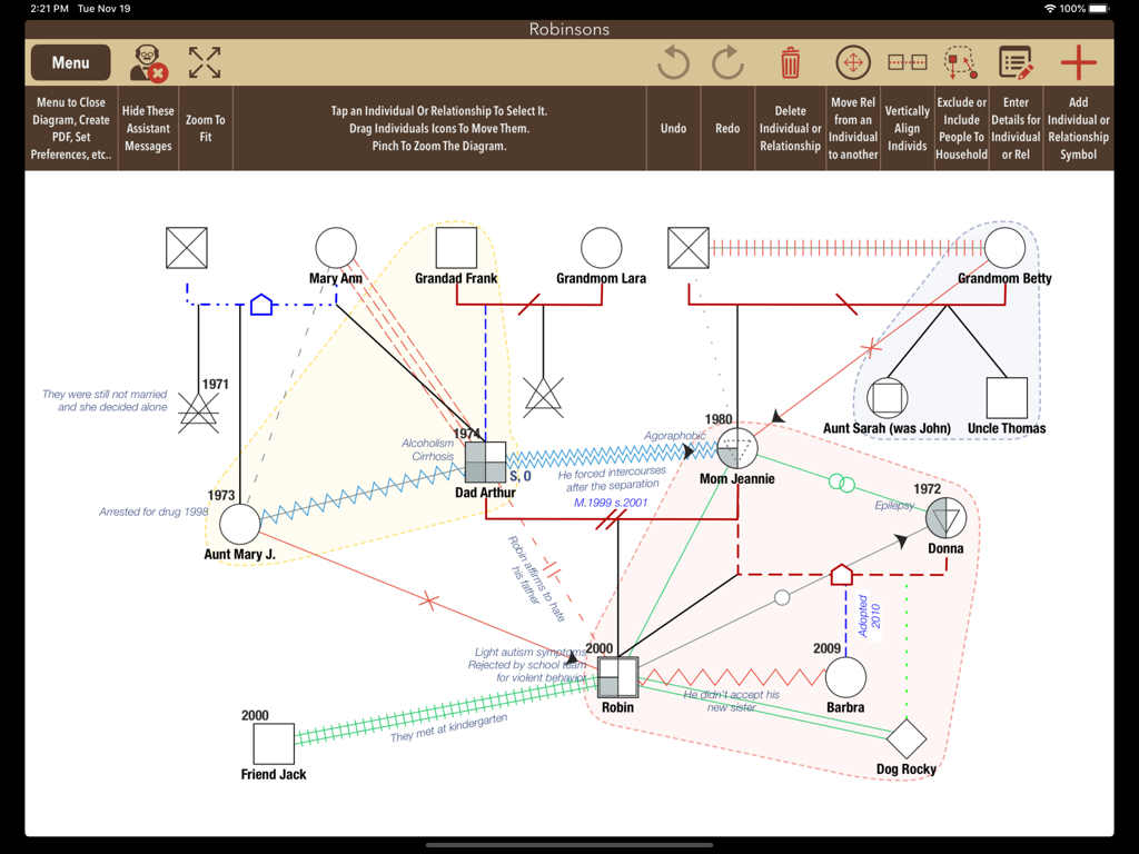 iGenogram 앱에서 가족 관계와 임상 메모를 보여주는 전문적인 가계도 다이어그램