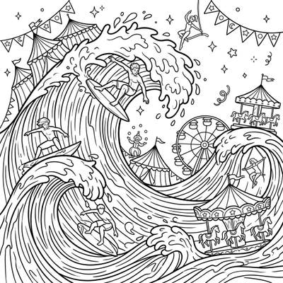 Get ready for an exhilarating coloring adventure where big wave surfers meet a vibrant carnival! This unique design perfectly blends the thrill of the ocean with the magic of the circus.