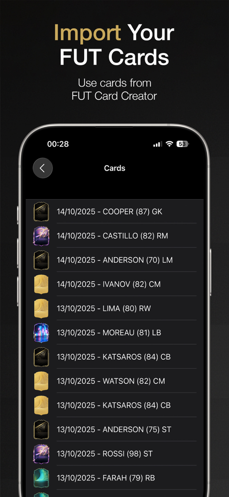 FUT Squad Builder FC 26 - A list of custom football player cards to import into the squad builder app