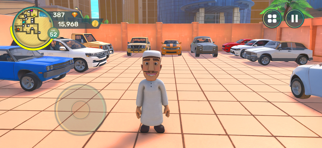 Amer: The Chase Hit and Run - オープンワールド環境で、さまざまな車と一緒に駐車場に立っている主人公Amer