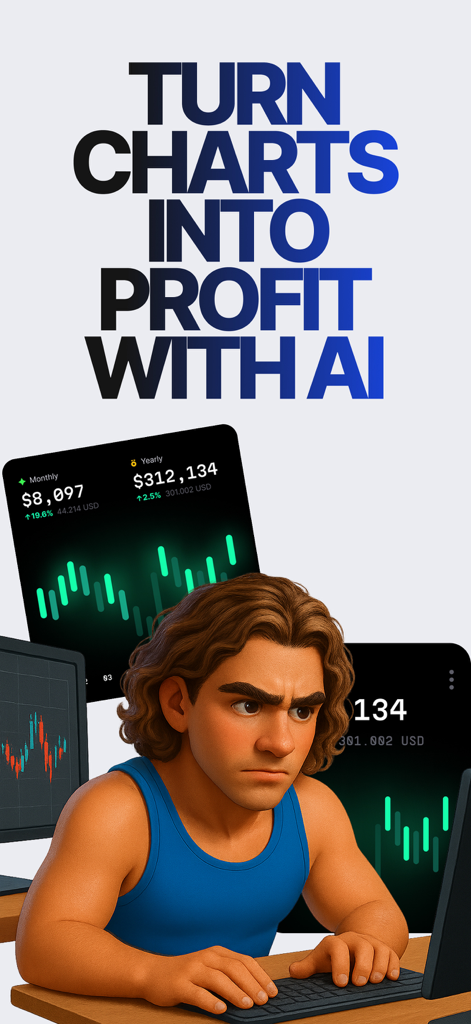 Chart AI – Trading Scanner - A 3D character analyzing financial data and trading charts with the text Turn Charts Into Profit With AI