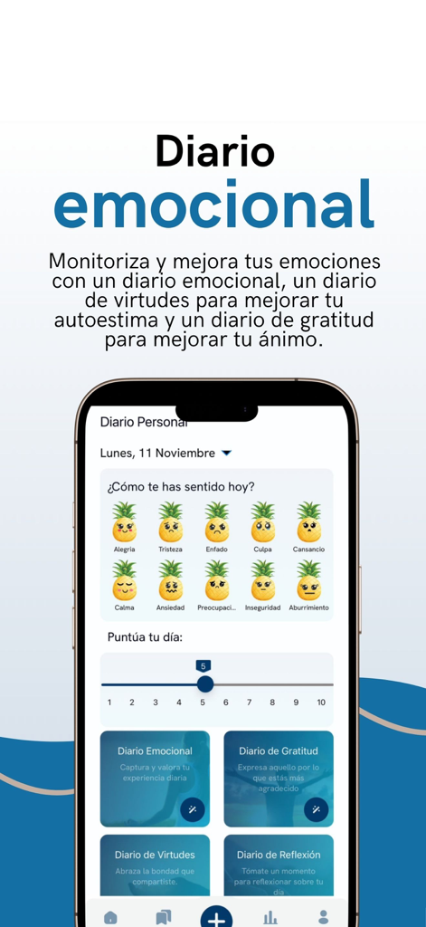 Psicovirtual - Psicovirtualアプリのインターフェース、パイナップル絵文字付きの感情日記とムードトラッカーを表示