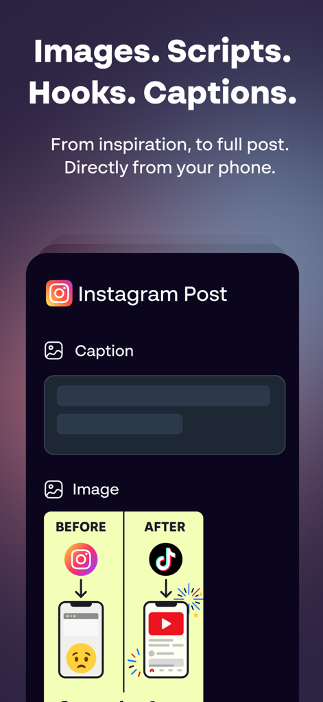 Mysocial: AI Creator Manager - Mysocial app interface showcasing AI tools for generating social media content including scripts hooks and captions