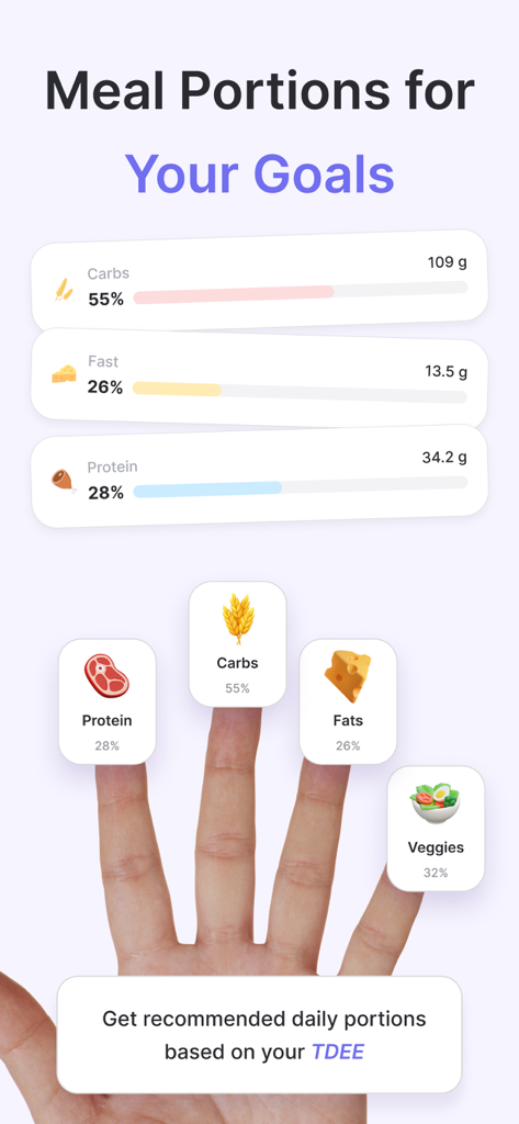 Interfaz de la aplicación TDEE Calculator que muestra las porciones de comidas diarias recomendadas y los desgloses de macronutrientes