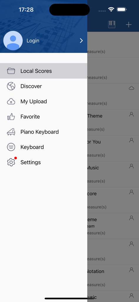 Menu di navigazione laterale nell'app per spartiti Notation Pad Pro che mostra le opzioni per partiture locali, scopri e impostazioni
