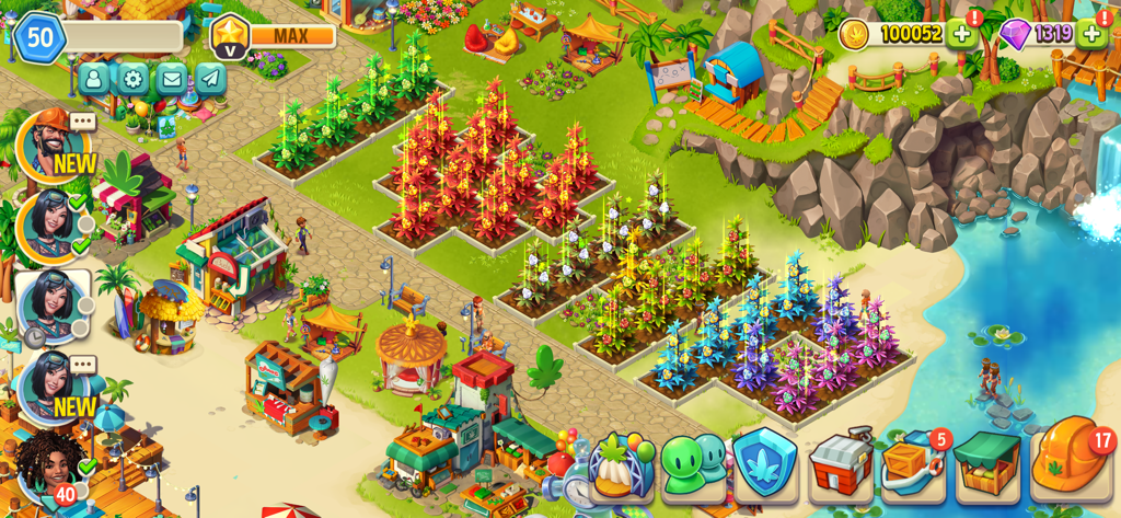 Hemp Paradise: 420 Weed Farm - A colorful overhead view of a tropical island resort with various marijuana plant plots and buildings in the Hemp Paradise game.